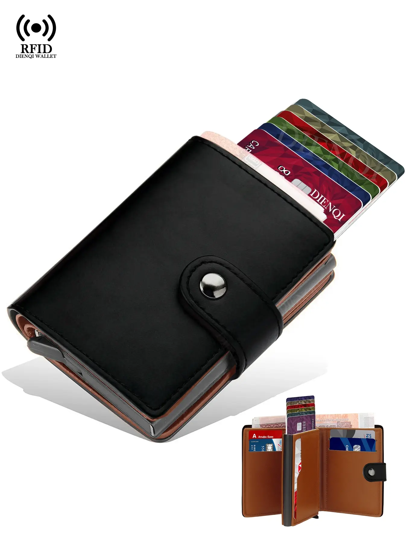 Rfid Wallets Credit Card Holder Bifold Money Bags Pop up Metal Case Cardholder Smart Slim Male Purse with Hasp PU Leather Wallet for Men Credit Card Organizer