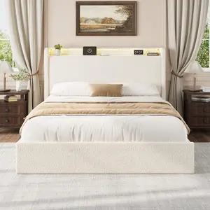 【GARVEE】Queen Size Boucle Bed Frame with Storage Headboard, Charging Station and LED Lights, Upholstered Platform Bed Frame with 4 Storage Drawers, No Box Spring Needed, Noise Free, Beige