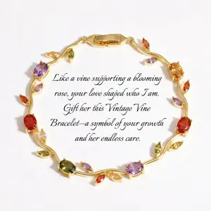Mother's Day Dainty 18K Gold Plated Multicolor Cubic Zirconia Vine Bracelet | Nature Inspired Leaf Branch Rainbow CZ Crystal Tennis Bracelet | Handmade Elegant Jewelry Gift for Mom Girlfriend Her Birthday Anniversary Wedding Bridesmaid Gift