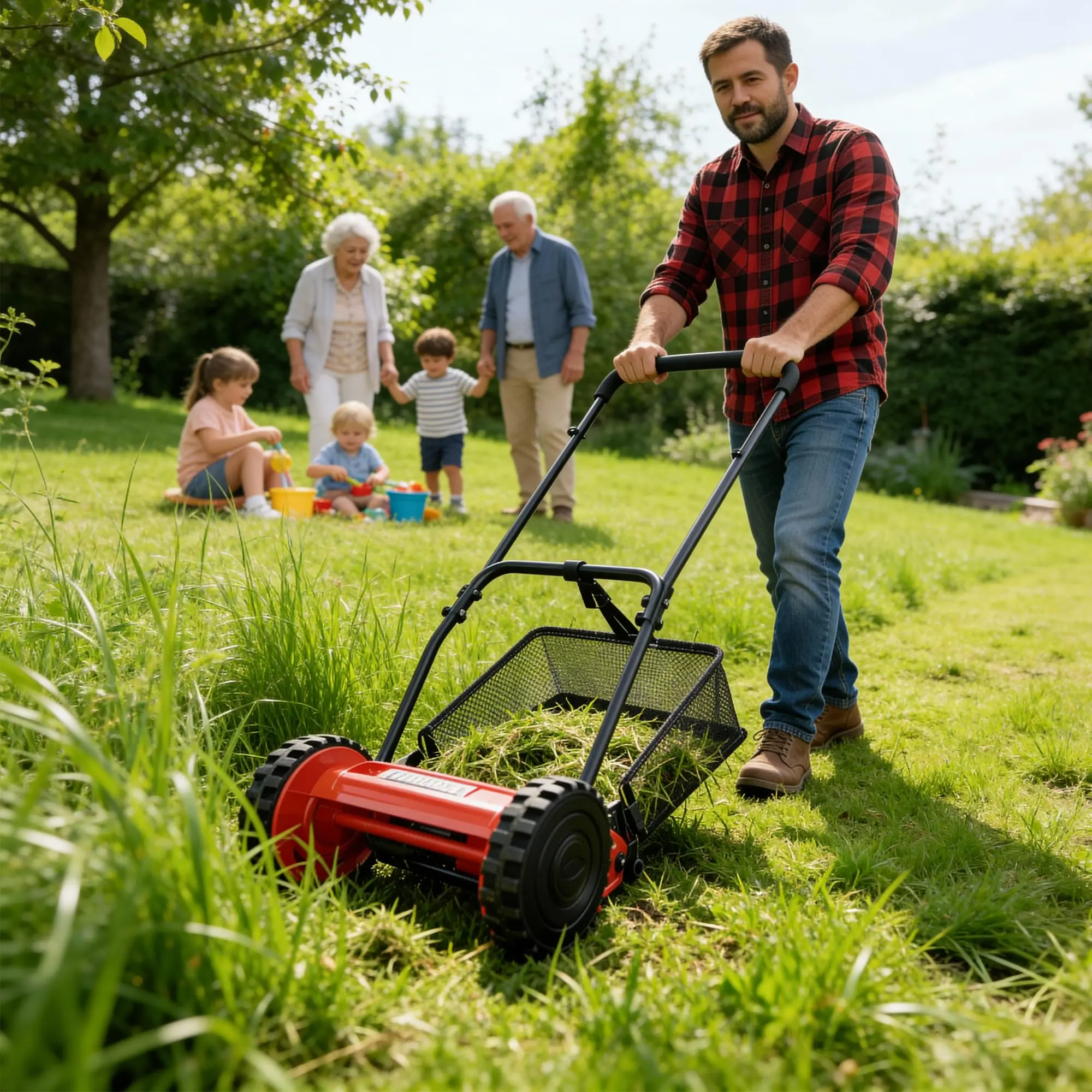 Garvee Manual Reel Lawn Mower, 14" Cordless Push Mower with 5 Steel Blades, Adjustable Cutting Height, Ergonomic Sponge Handle and 6.7-Gallon Grass Collector