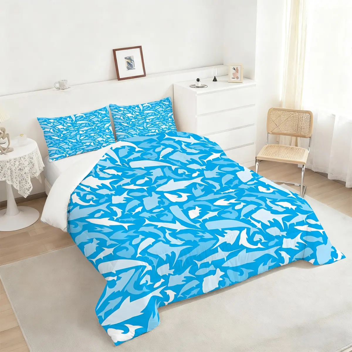 Marine Life Adventure Comforter Set, Vibrant Ocean-Themed Bedding Set, Playful White Shark Silhouettes on Blue Background, Perfect for Coastal Bedroom Decor, Soft & Cozy Bedding for a Fun Sleep Environment. 2/3Pcs, 1 or 2 Pillowcase No Pillow Core