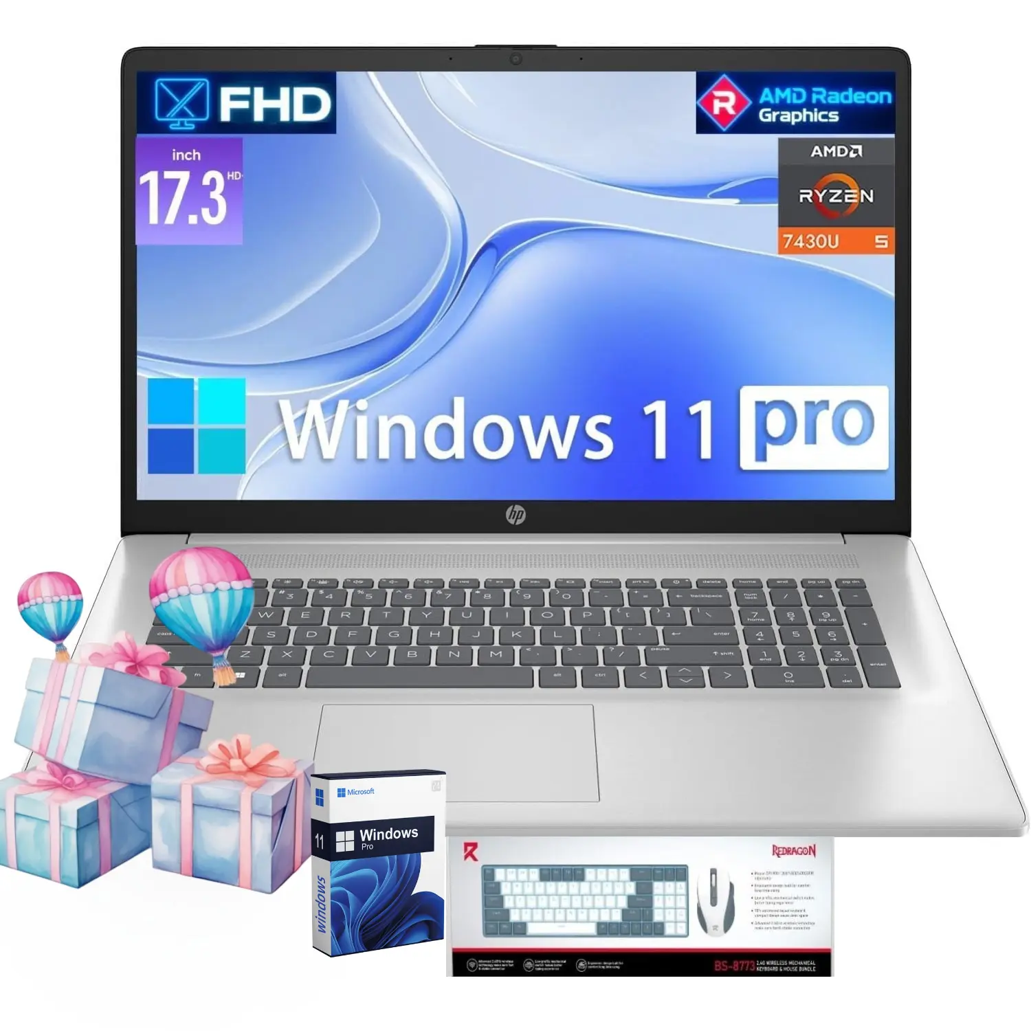 HP 17.3-inch High Definition Student Office Laptop - AMD Ryzen 5 7430U, up to 32GB RAM, 512GB SSD, Windows 11 Pro, FHD Anti-Glare Display, Fast Charge, Wi-Fi 6, Bundle Accessory, High Definition Laptop