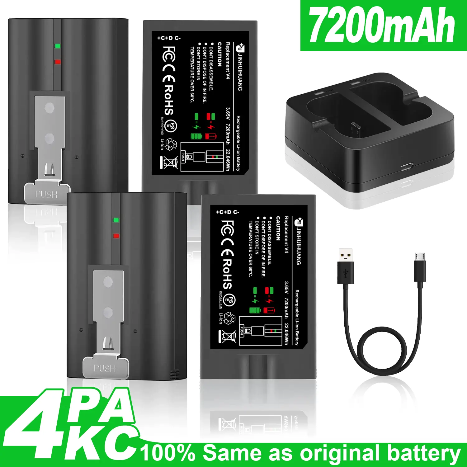 7200mAh 2-Pack Rechargeable Lithium-Ion Wireless Battery Pack for Ring Video Doorbell Gen 2/3/3+/4 & Security Cameras - Plug-Compatible, 2X Capacity, Fast Charge, Overheat Protection, FCC Certified, Quick Release Device
