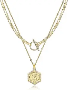 KissYan Gold Layered Initial Necklace for Women, 14K Gold Plated Hexagon Letter Necklace Capital Monogram Pendant Toggle Clasp Layering Figaro Bead Chain Necklace