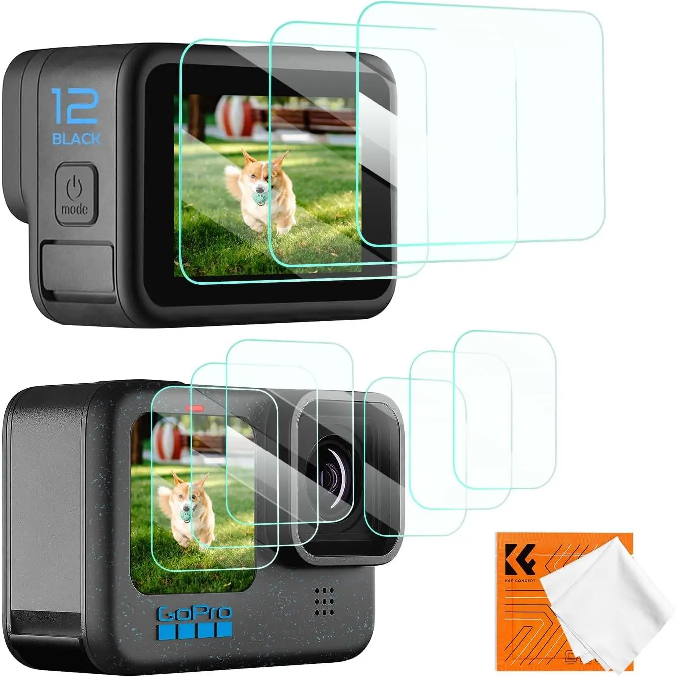 K&F Concept 9pcs Camera Accessories Set - Crystal Transparent Tempered Glass Screen Protectors, Lens Guard, Front LCD Display Film for GoPro Hero 12/11/10/9 Black, Protector