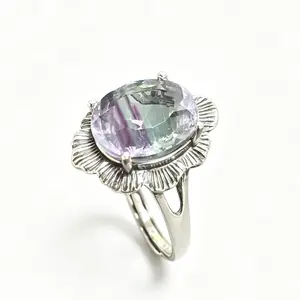 12×10mm Natural Rainbow Fluorite Sunflower 925 Sterling Silver Adjustable Ring | Boho Statement Crystal Ring