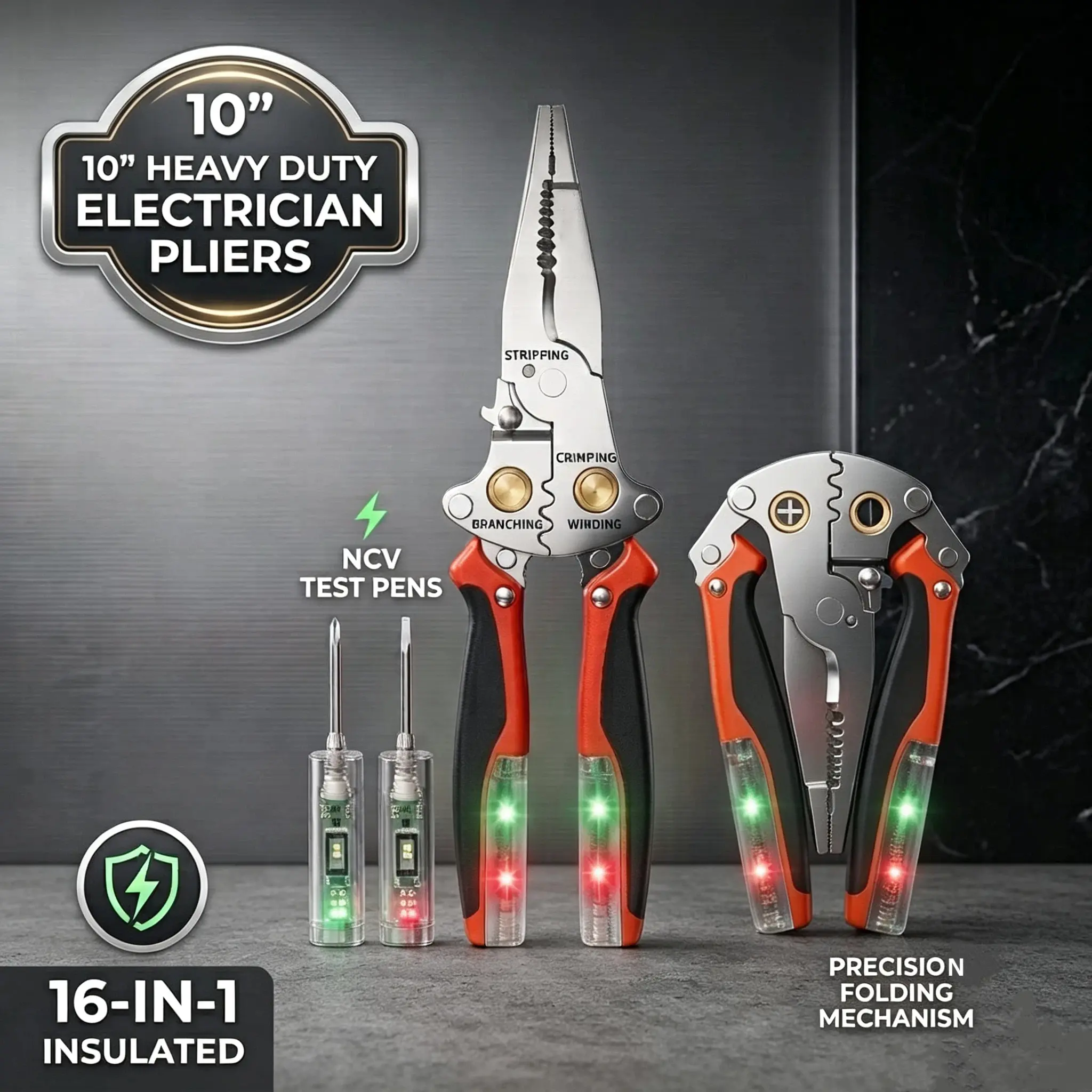 10" 18-in-1 Multi-Functional Foldable Wire Stripper Pliers, High Hardness Stainless Steel, with 2 Detachable NCV Voltage Test Pens for Electricians