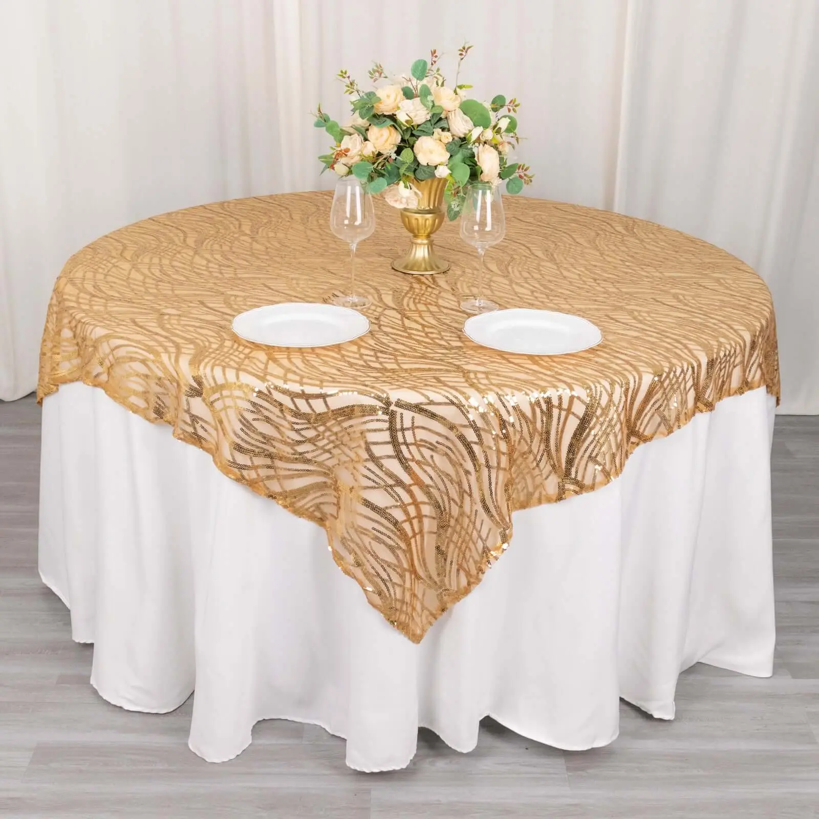 Sequin Mesh Table Overlay 72"x72" Gold Wave Embroidered Design - Stunning Table Topper for Glamorous Occasions