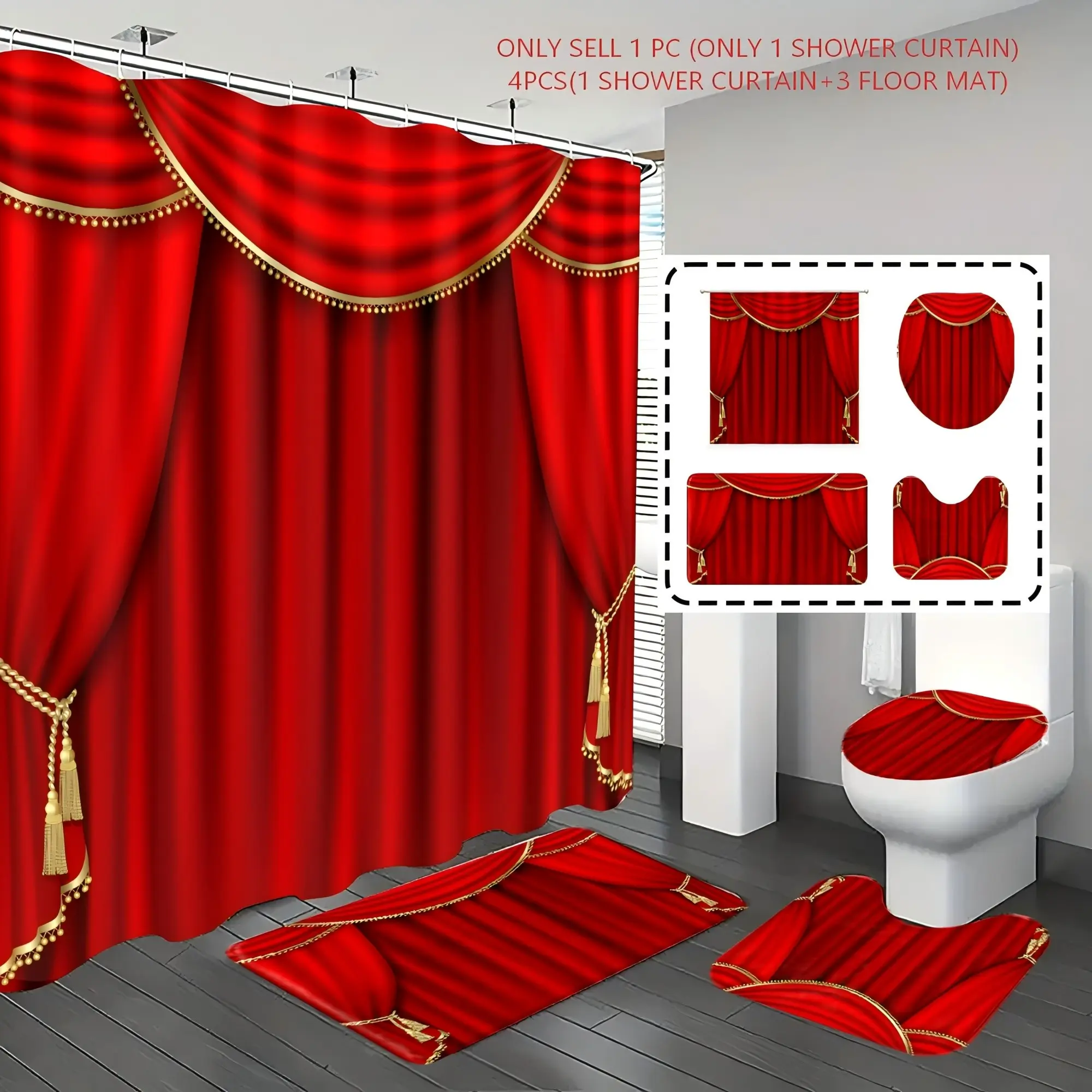 1pc/4pcs, bathroom curtains shower, bathroom set, shower curtains, bathroom rug, home decoration, red curtain pattern, 12 hooks given away, Shower Curtain Set With Rugs, Shower Curtain Sets