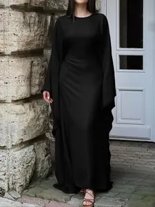 Women's Solid Color Loose-Fitting Batwing-Sleeve Long Dress, Casual Summer Woven Fabric Dress, Perfect for Relaxed Outings