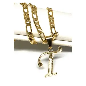 Gold Plated CUSTOMIZED Cursive Initial Letter Pendant With Figaro Chain 24" 3mm