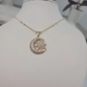 (C32)14k Goldplated Moon and Star Pendant with Chain Elegant Jewelry for Women