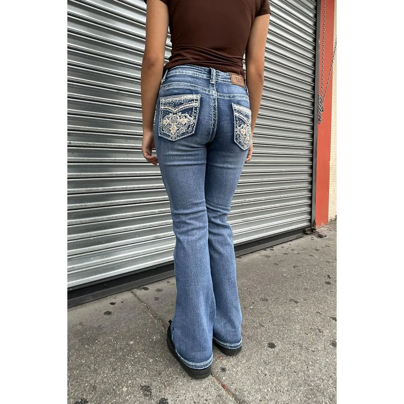 2000s Style Sand-Washed Faux Pocket & Cross Rhinestone Bling Back Pocket Bootcut Jean with Good Stretch