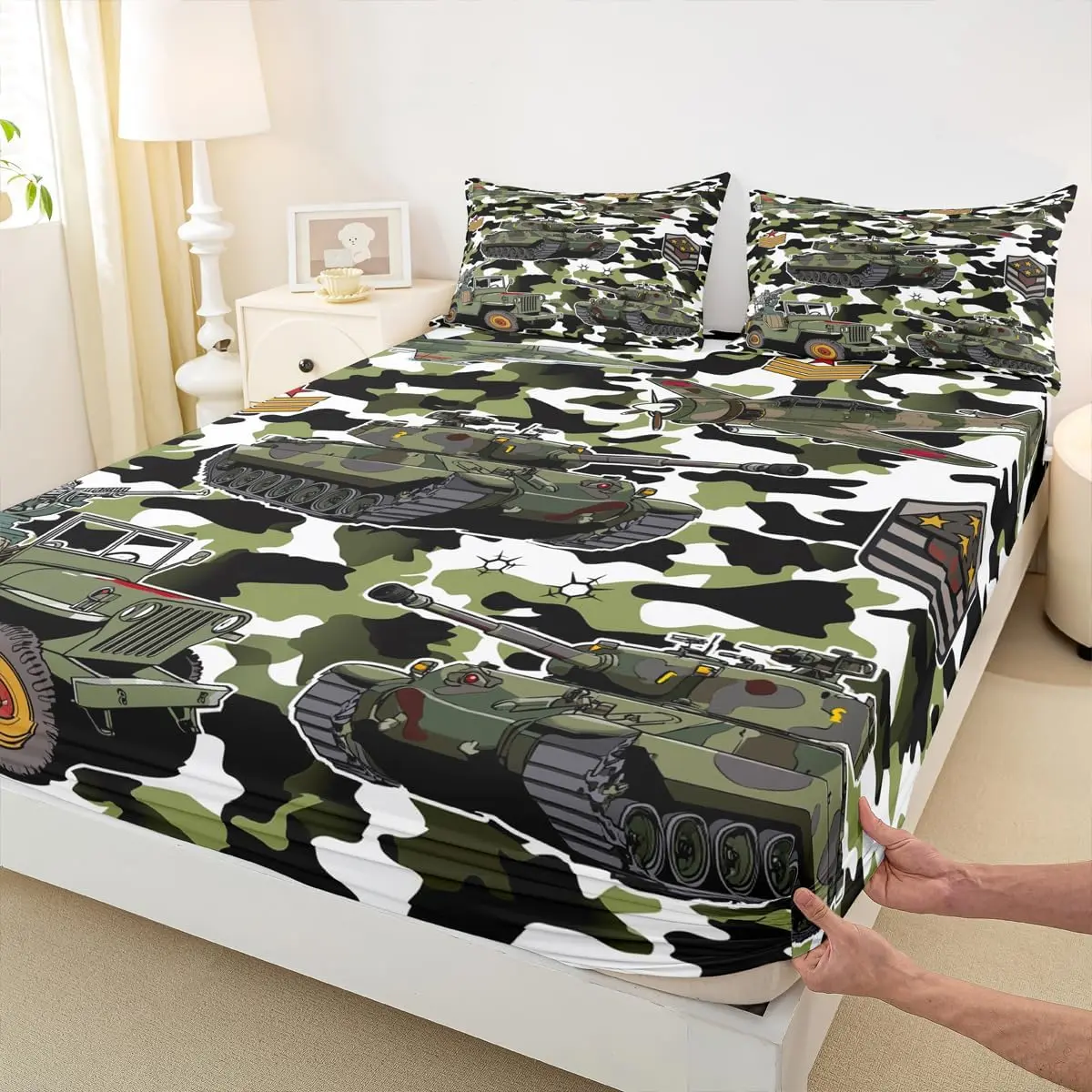 Feelyou Full Size Deep Pocket Army-Themed Fitted Bed Sheets, Aircraft Camouflage Design Cover, Soft Army Green Bedding for Any Room Decor