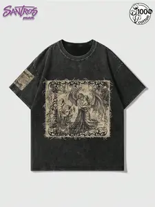 Unisex 100% Cotton Washed Black Oversized T-Shirt with Vintage Angel Print Dark Alt Streetwear Top