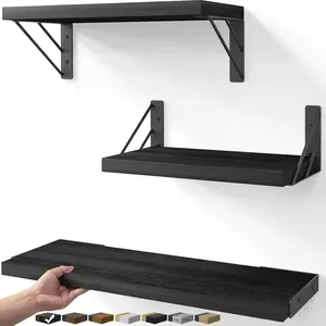 Wall Mounted Floating Shelves Set of 3, Black Wood Floating Wall Shelves for Books Decor and Storage, Space Saving Display Organizer Shelves for Bedroom Living Room Bathroom Kitchen Office