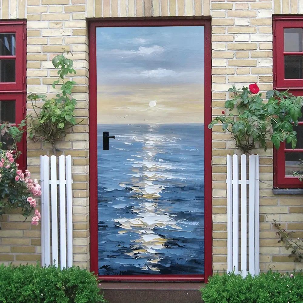 2pcs   This ocean-themed wall sticker depicts a sunrise or sunset scene on the sea level with delicate brushstrokes. The golden sunlight the sparkling sea surface, complementing the clouds in the