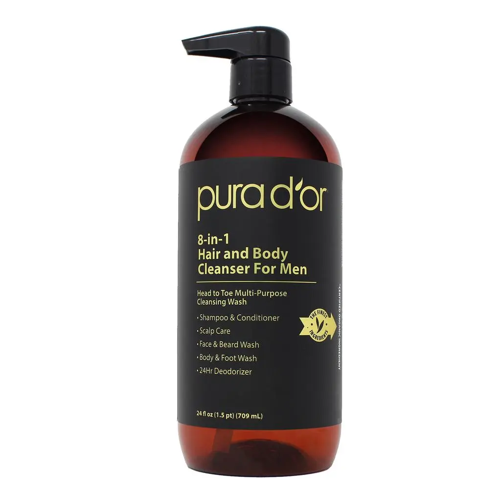 PURA D'OR 8-in-1 Hair and Body Cleanser For Men 24oz (709ml) – Men's Shampoo & Body Wash with Tea Tree, Argan & Jojoba Oil, Face Beard Wash, Scalp Care & 24Hr Deodorizing Body Cleanser