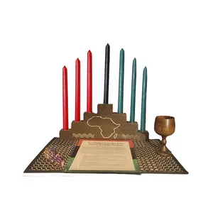 Kwanzaa Celebration Set- Africa Engraved Continent Kwanzaa Kinara Set (15x6)