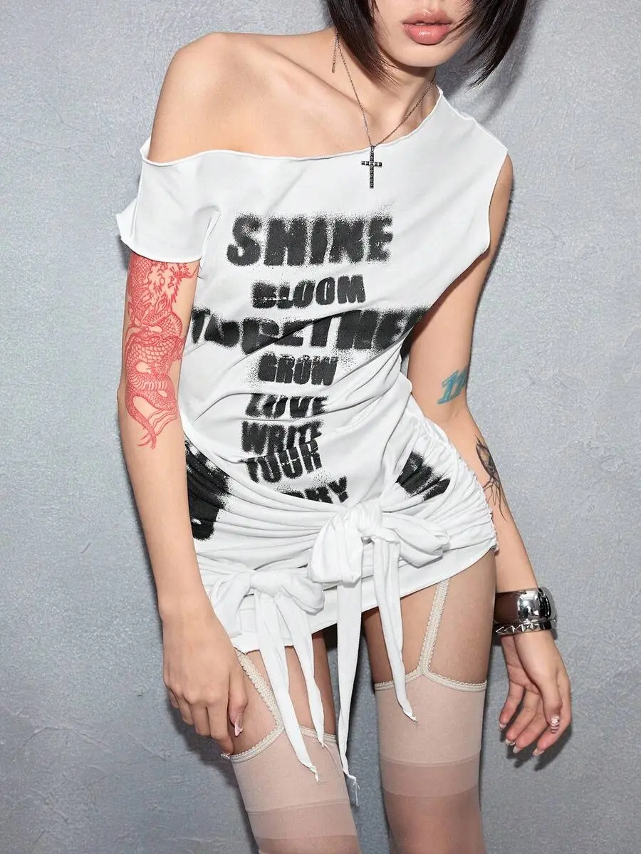 Y2K Punk Avant-Garde Visually Striking Lace-Up Semi-Sheer Sexy Asymmetrical Shoulder Women Mini Dress, Spring & Summer And Autumn