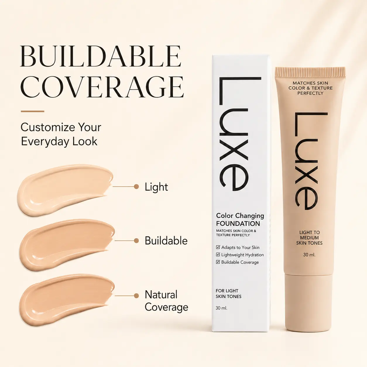 Color Changing Foundation for a Radiant, Flawless Base Makeup, 30ml Hydrating & Lightweight Long-Wear Formula, Adapts to Light to Medium Skin Tones