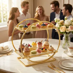 Modern 2-Tier Iron Art Minimalist Dessert Display Shelf - Countertop Storage Bins, Desktop Organizer, Vanity Space Saver, Multi-Purpose Cake Stand Pastry Tray for Cosmetic Skincare & Home Decor