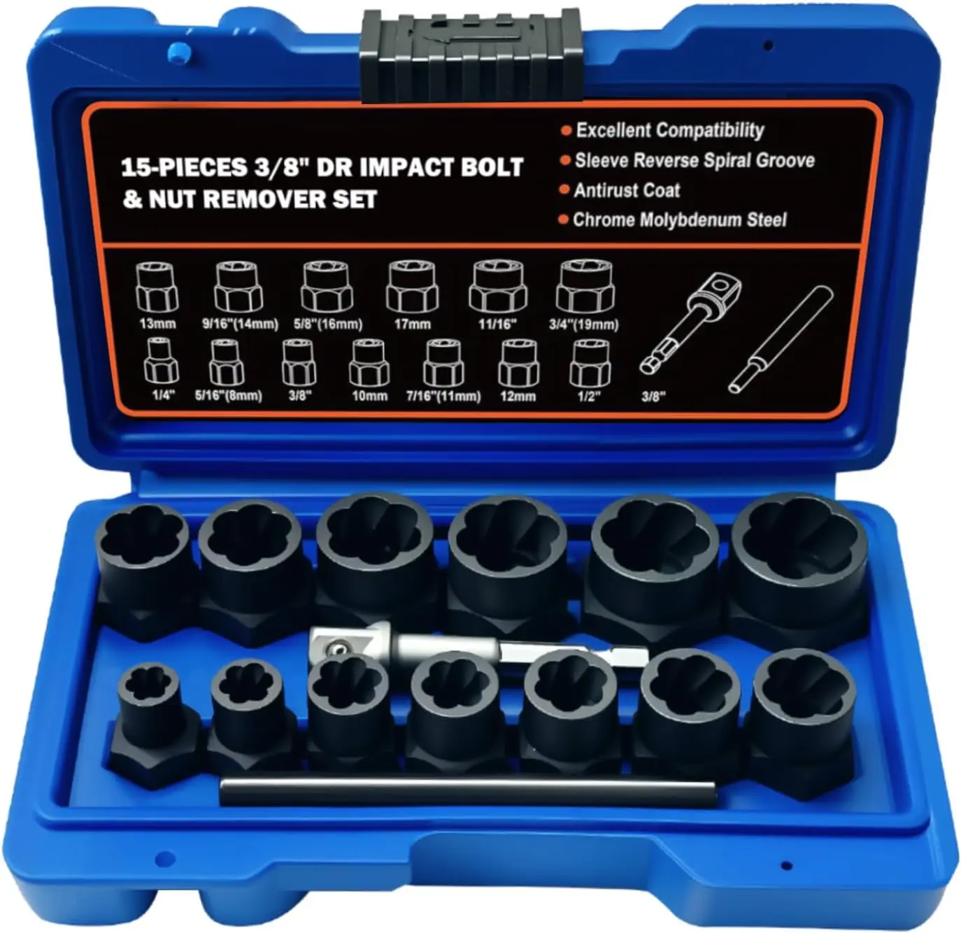 Bolt Extractor Set, 15 count Bolt Extractor Kit with 3/8 Inch Stripped Nut Remover, Easy-to-Remove Bolt Extractor Set for Rusted, Rounded, Damaged Nuts and ScrewsQuesear