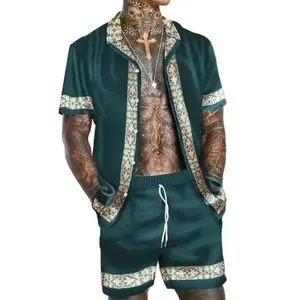 Burgundy Baroque Trim 2-Piece Mens Set: Short-Sleeve Shirt & Shorts for Streetwear & Vacations