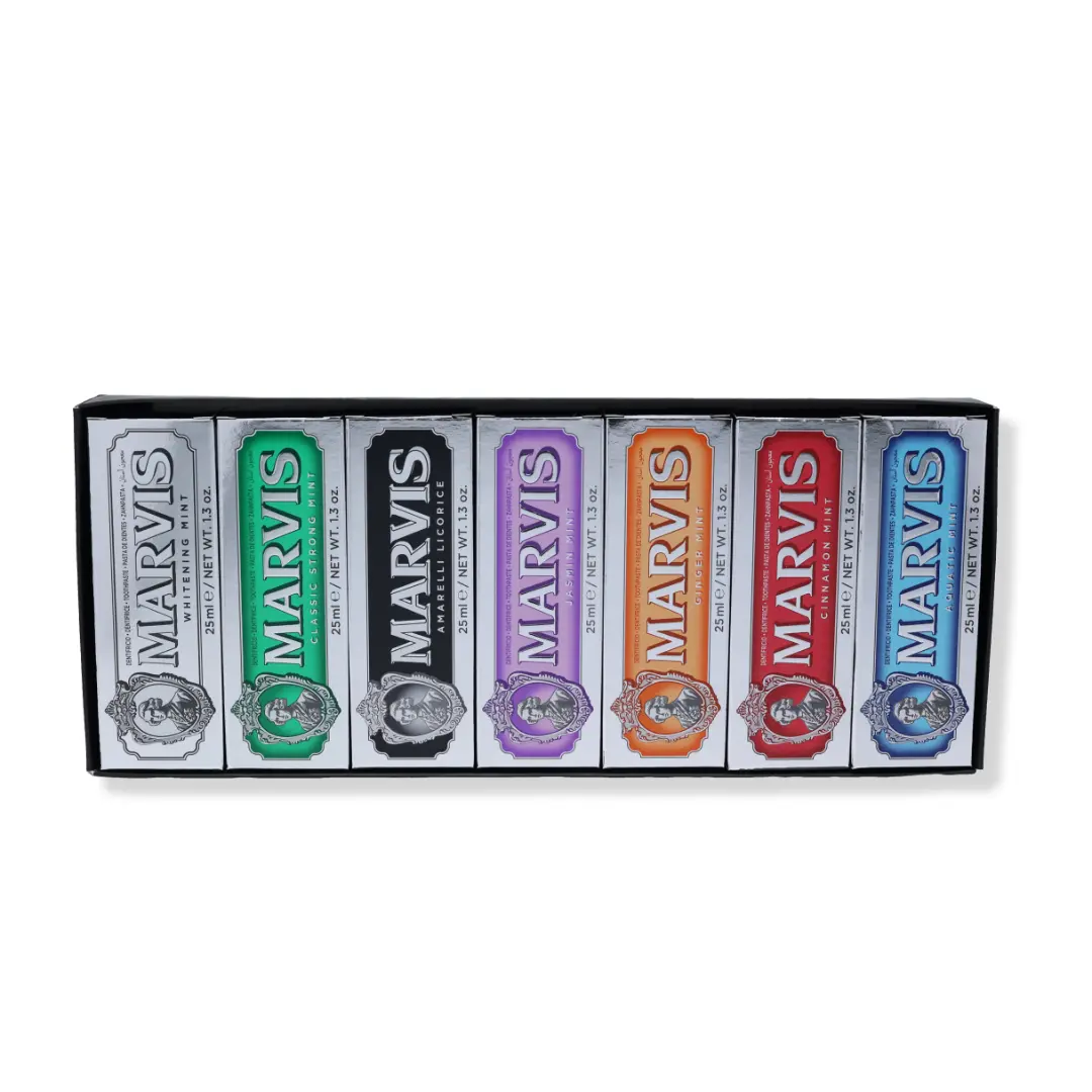 Marvis Luxury Teeth Whitening Compact Toothpaste Gift Set - 7x25ml Best-Selling Flavours (Including Jasmine, Cinnamon Mint) - Nasal & Oral Care Selfcare Kit, Mini Toiletries for Purse, Purse Stuffers