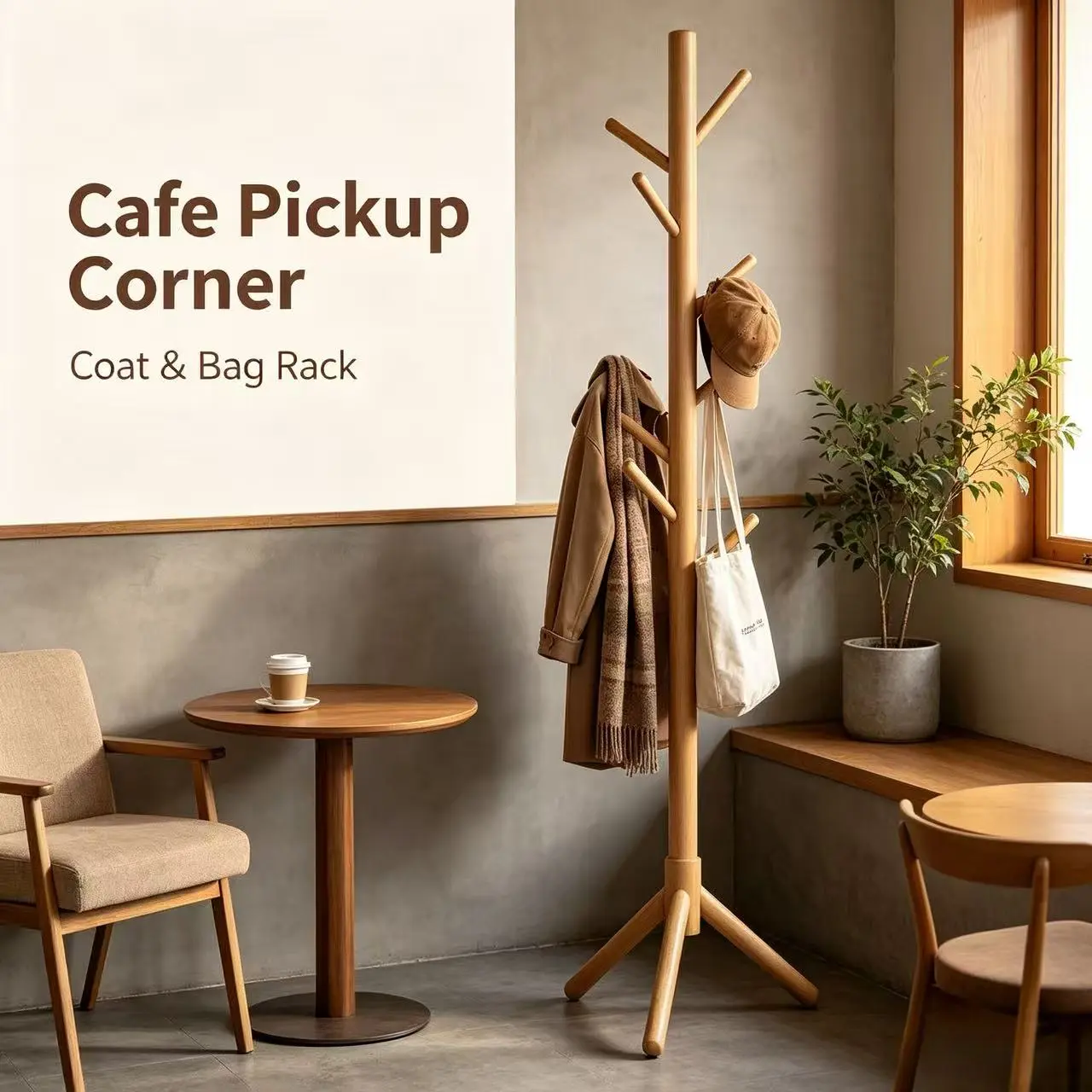 Solid Wood Tree-Shaped Freestanding Coat Rack, 8 Multi-Hooks, Sturdy Tripod Base, Easy Assembly, Space-Saving Floor Organizer for Coats, Hats, Scarves, 3 Color Options