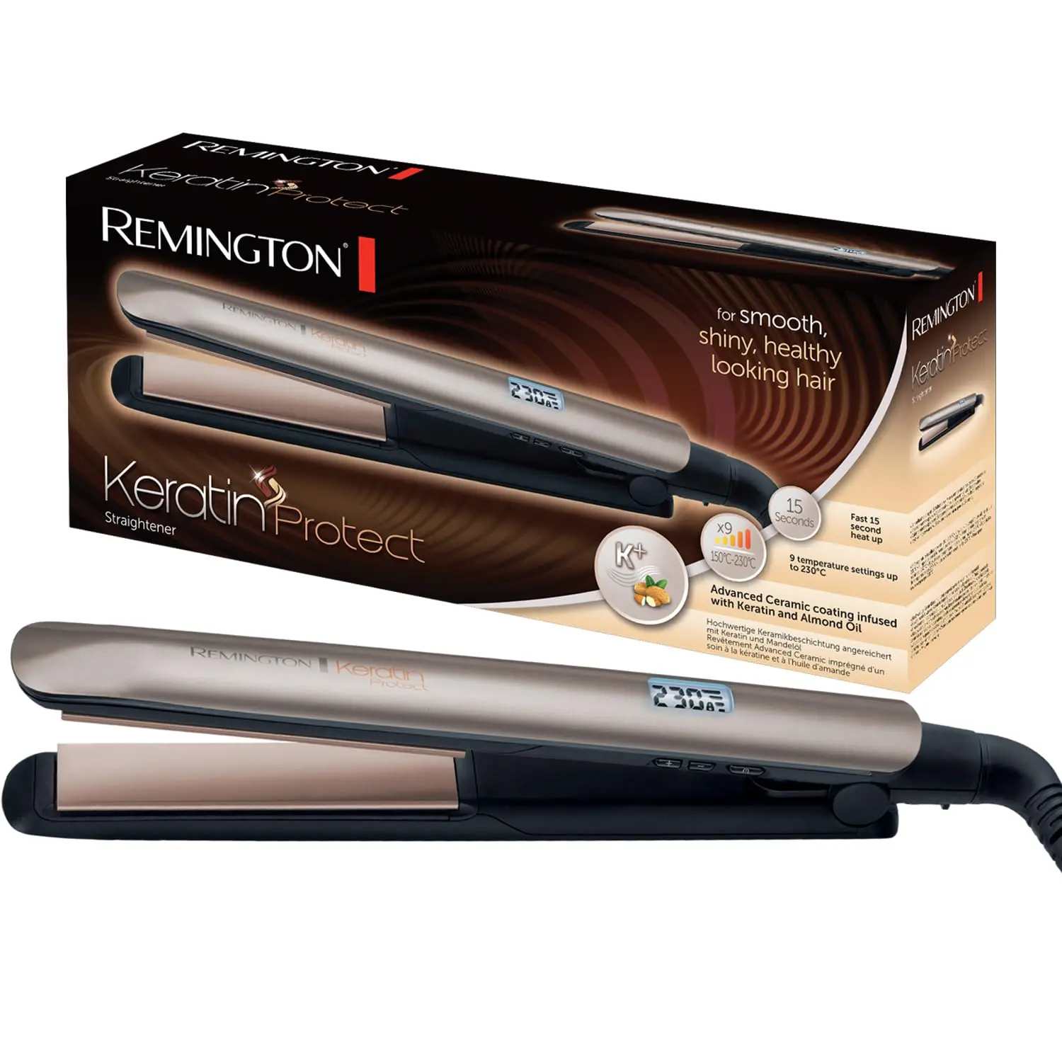 Remington S8540 Keratin Protect Hair Straightener, Smooth Results, Adjustable Temperature, Lightweight Design, Convenient Storage, Universal Plug