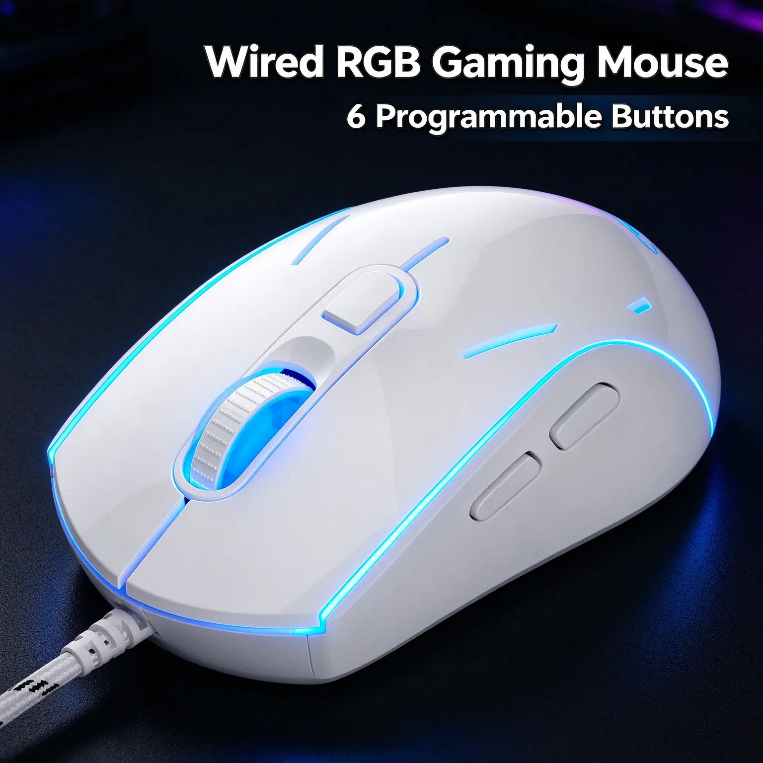 Magegee White Wired Silent Click Mouse - 7-Color Breathing RGB Backlit LEDs, 6 Programmable Buttons, 6-Level Adjustable DPI Up to 3200, Ergonomic USB Device for Gamers, PC Laptop Desktop Use (Compatible with Creamy Keyboard), Wired Mouse