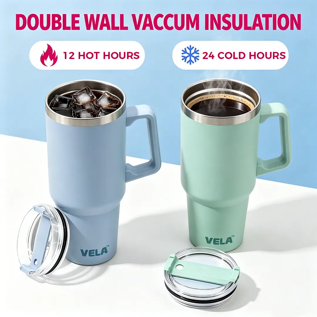 Vela 40oz Tumbler - Double Wall Vacuum Insulated Stainless Steel Cup with Handle, Straw, and BPA-Free Design for Sports & Outdoor Use