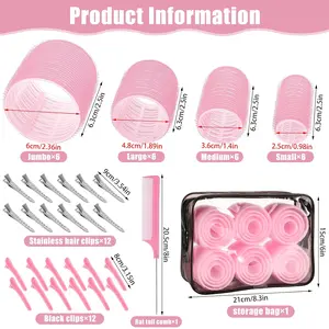4 Sizes Self-Grip Hair Rollers Set for Long, Short Hair and Bangs - 50 Pcs with Clips (25mm, 36mm, 48mm, 60mm), Pink