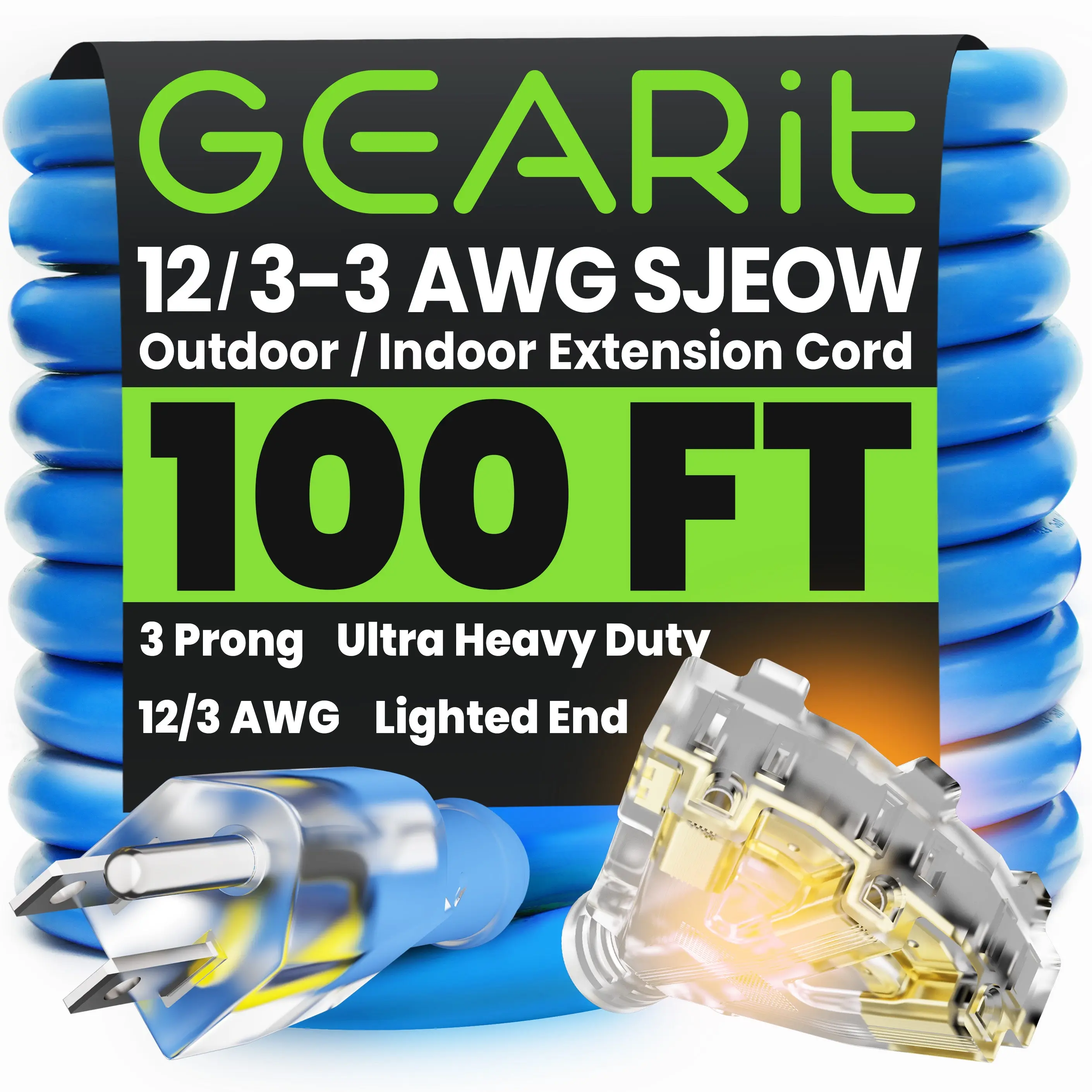 GEARit 12/3 SJEOW Heavy Duty Outdoor Extension Cord 3 Outlet, 100 Feet