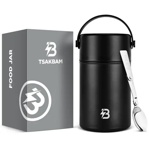TSAKBAM Stainless Steel Insulated Lunch Box - 29/35 Oz Wide Mouth Leakproof BPA-Free Portable Thermos with Lid, Foldable Silicone Spoon for Adults, Cold Lunch Kitchenware
