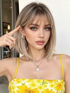 Women's Short Straight Bob Wig with Bangs, Adjustable Cap Design, All-Season Wear, Synthetic Hair Wigs, Synthetic Material Wigs