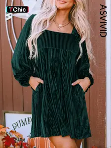 Women's Plain Bishop Sleeve Tie Back Square Neck Dress, Elegant Long Sleeve A Line Short Dress for Party Holiday Wedding Guest, Ladies Clothes for Winter