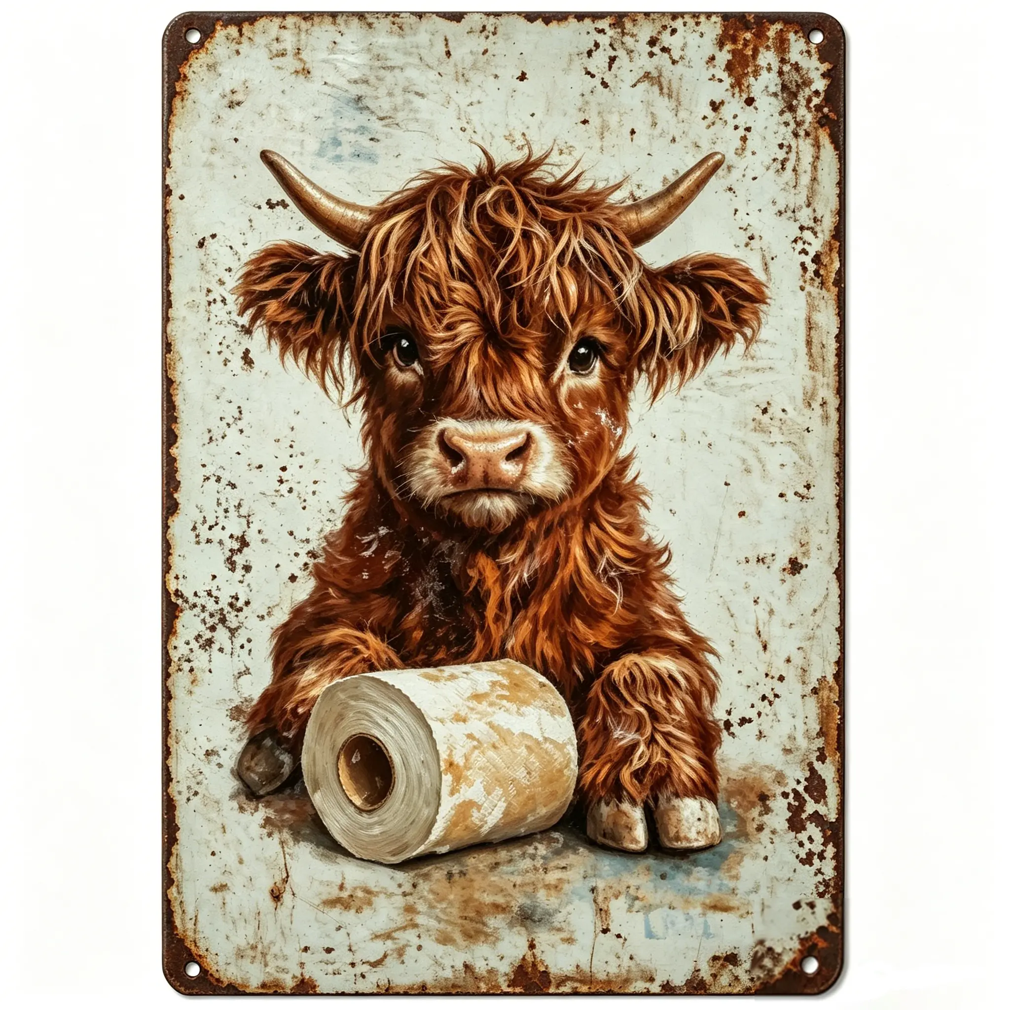 Country Rustic Metal Highland Cow Iron Bathroom Tin Sign - 8x12in Casual Daily Wall Decor, Retro Cute House Decor Wall Hanging, Funny Farmhouse Plaque with Toilet Paper, Ideal Gift, Fluffy, Vintage