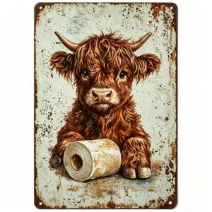 Rustic Highland Cow Bathroom Tin Sign - Cute Vintage Cow with Toilet Paper Metal Wall Decor, Funny Farmhouse Art 8*12inch