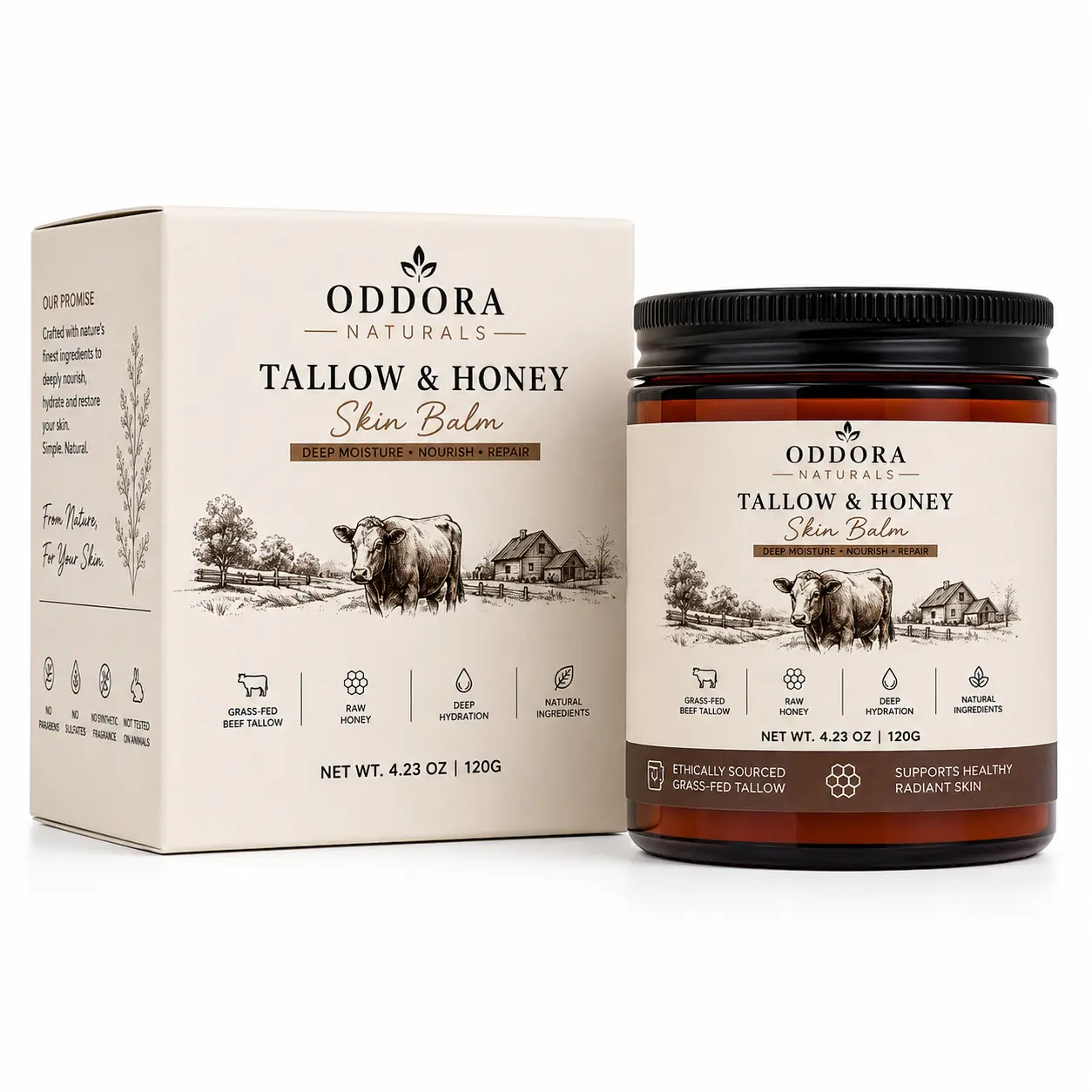 Oddora Naturals Grass-Fed Beef Tallow & Raw Honey Balm for Face & Body, 120g