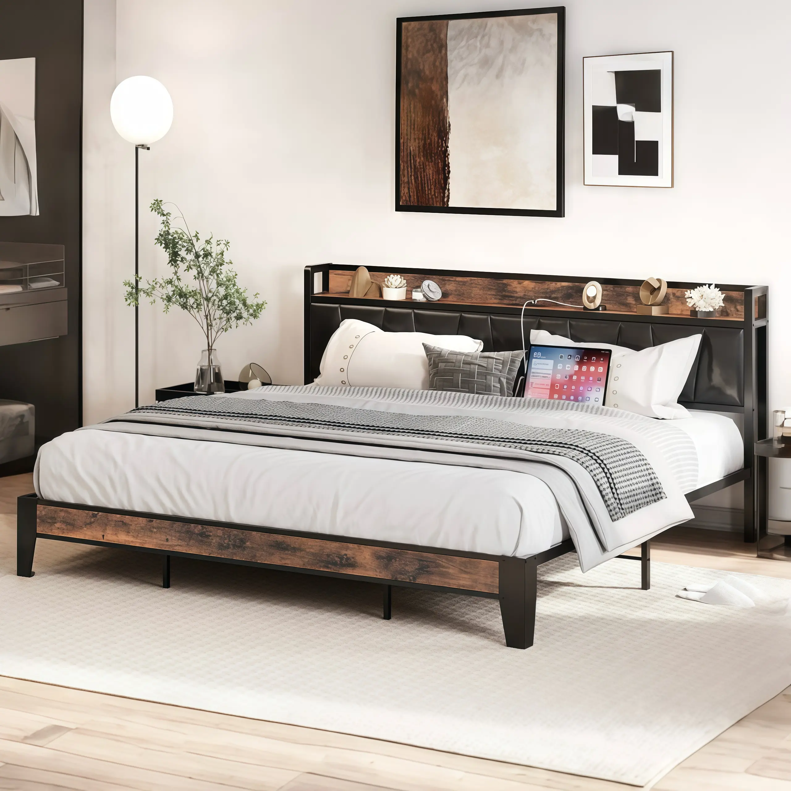 Summer Vibes LIKIMIO Bed Frame, Storage Headboard with Charging Station, Solid and Stable, Noise Free, No Box Spring Needed, Easy Assembly Transitional Platform Bed Sturdy Platform Bed