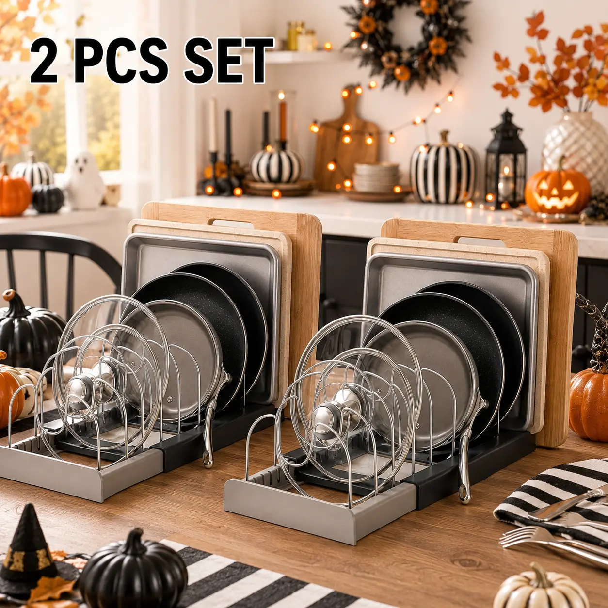 1/2 pcs Expandable Pot and Pan Organizer Rack for Cabinet, Pot Lid Organizer Holder with 7 Adjustable Stainless Steel Dividers for Kitchen Cabinet Organization and Storage