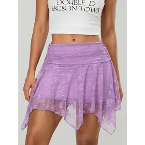 Womens Short Skirts Floral Lace Sheer Asymmetric Frill Hem Soft Lined Waist Ruched Mini Low Rise Skirts Niche Design Irregular Lace Skirt Casual Skirt Versatile Short Skirt