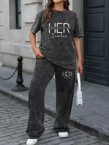 Spring Summer Sports Plus Size 2-Piece Set: Cartoon Print, Tie-Dye Washed Vintage Short Sleeve T-Shirt & Wide Leg Pants, Streetwear Tracksuit Set, Women's Plus Size Activewear Jogging Outfit