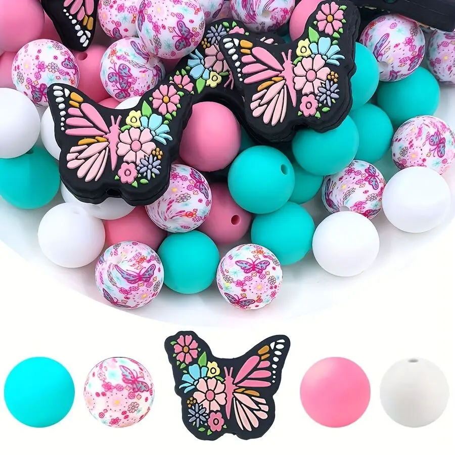 50pcs Butterfly Silicone Beads Set - Handmade Bead Stringing Set, Suitable for DIY Jewelry, Keychains, Pen Accessories and Chain Parts - Bracelet, Necklace Pendant Decorative Beads