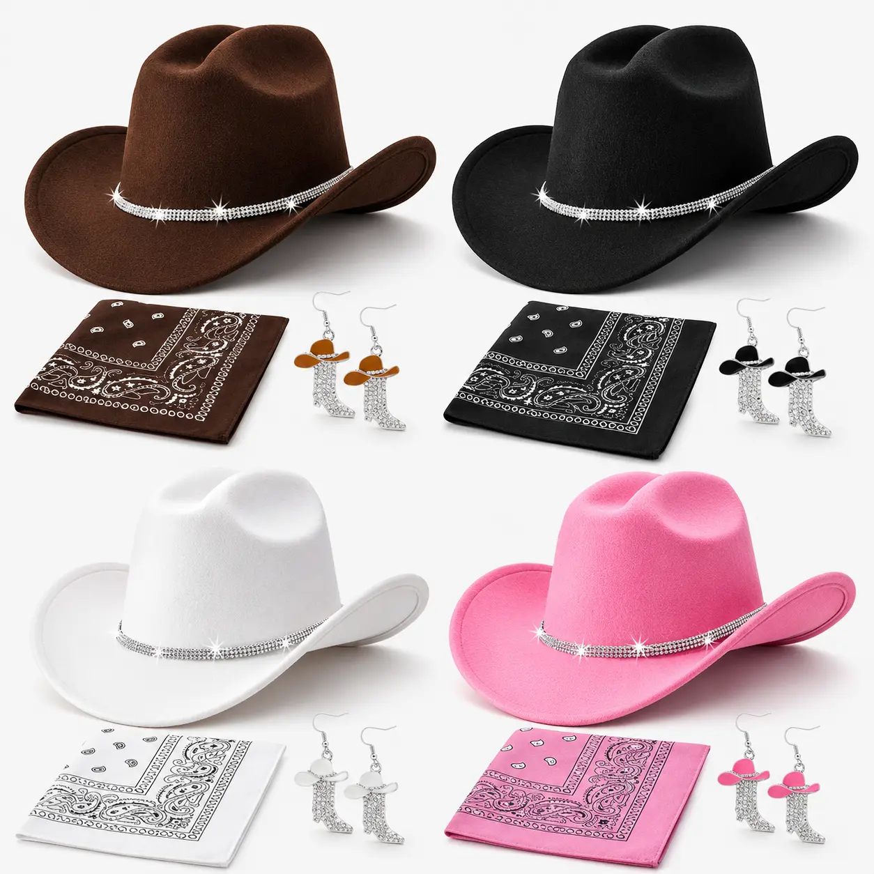 Cowboy Hat Set with Rhinestone Band Scarf & Boot Earrings 4 Colors Classic Western Top Hat