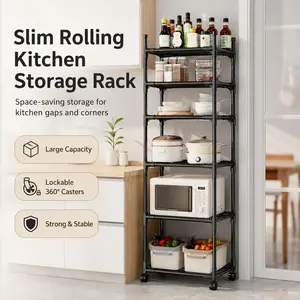 6-Tier Rolling Kitchen Storage Rack, Standing Rack, Multi-Functional Microwave Oven Stand with Lockable Wheels, Floor Pantry Shelf for Cookware, Pots & Kitchen Organization