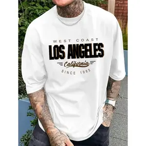Cotton Short Sleeve  T-Shirt Vintage Style West Coast Los Angeles Print T-Shirt for Men - Casual Polyester Knit Fabric, Unisex, Summer Collection, Round Neck, Loose Fit, Elasticity, Printed Pattern Design, Plus Size