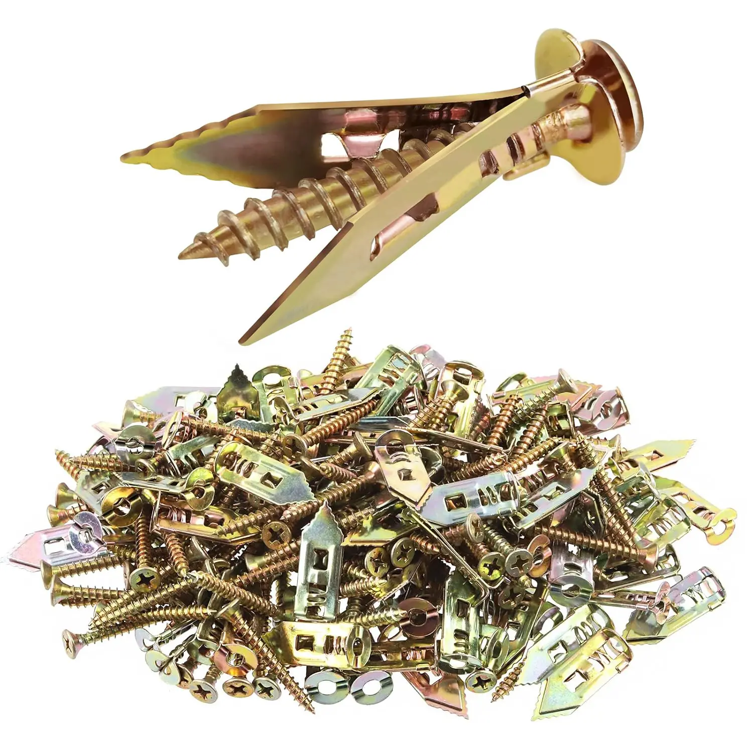 300-Count Anchors + Screws Set for Home Users, No-Drill Heavy Carbon Steel Expansion Plugs & Bolts Kit with Adjustable Brackets, Self-Drilling Tips Zinc-Coated Wood Screws, Dust-Free Anti-Oxidation for Wall Mounting